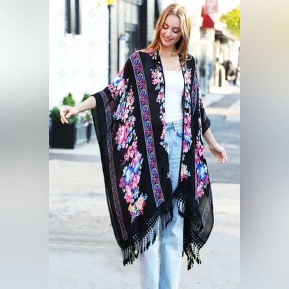 Woven Heart Tops - Woven Heart Kimono Floral Crochet Fringe Cardigan